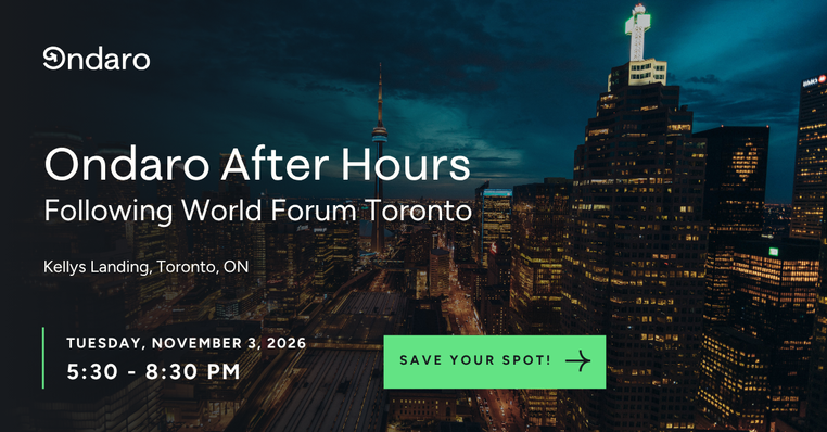 Ondaro After Hours event graphic over the Toronto skyline at night, with the CN Tower in the background.