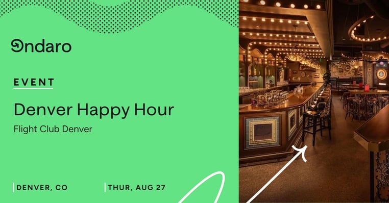 Promotional graphic for the Denver Happy Hour event, showing the Flight Club Denver bar.