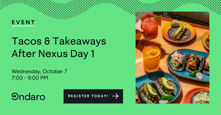 Overhead view of tacos on blue and orange plates, with margaritas and a michelada, on a sunny table for Ondaro's Tacos & Takeaways reception after day 1 of ServiceNow Nexus for Asset 2026.