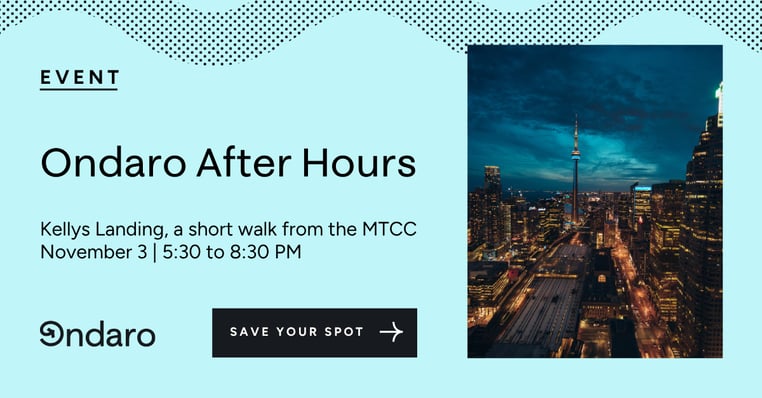 Ondaro After Hours event graphic over the Toronto skyline at night, with the CN Tower.