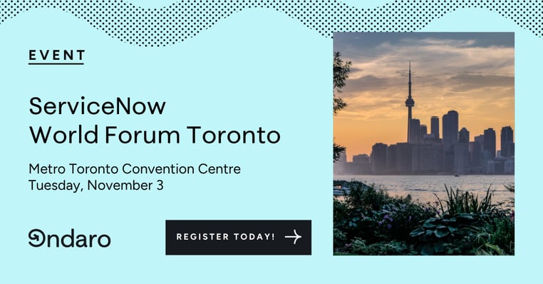 Ondaro event banner for ServiceNow World Forum Toronto, showing the Toronto skyline at sunset.